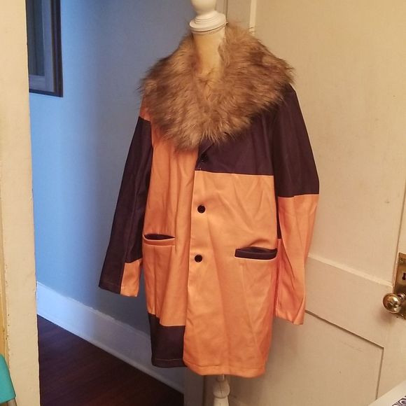 Womens Orange & Navy Color Block  Faux Fur Removable Collar Coat New Wool Look L - Picture 2 of 13